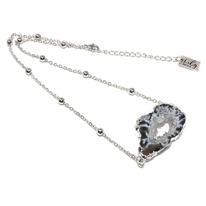 Inner Peace Druzy Quartz Geode Slice Pendant Choker 14" + 2" White Gold Necklace