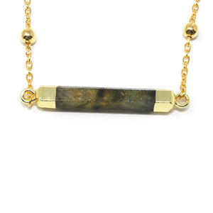 Minimalist Magician Wand Labradorite Bar Horizontal Pendant Choker 14" + 2" Gold Necklace