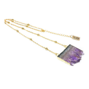 Queen Amethyst Sliced Geode Pendant 18” Gold Necklace