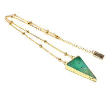 Load image into Gallery viewer, Dynamic Triangle Chrysoprase Double Sided Pendant 18” Gold Necklace