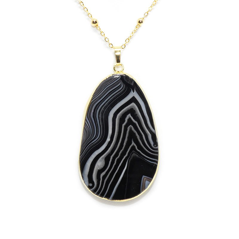 Inner Strength Black Lace Agate Thick Slice Pendant 30” Gold Necklace