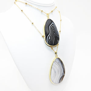 Inner Strength Black Lace Agate Thick Slice Pendant 30” Gold Necklace