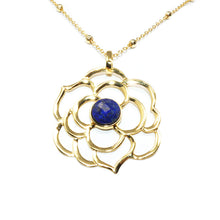 Load image into Gallery viewer, Spiritual Lotus Lapis Lazuli Open Flower Pendant 30” Gold Necklace