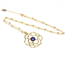 Load image into Gallery viewer, Spiritual Lotus Lapis Lazuli Open Flower Pendant 30” Gold Necklace