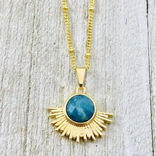 Load image into Gallery viewer, NEW STONE! Blue Apatite Ray of Light Sunburst Manifestation Sun Pendant 18” Gold Necklace