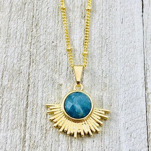 NEW STONE! Blue Apatite Ray of Light Sunburst Manifestation Sun Pendant 18” Gold Necklace