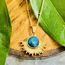 Load image into Gallery viewer, NEW STONE! Blue Apatite Ray of Light Sunburst Manifestation Sun Pendant 18” Gold Necklace