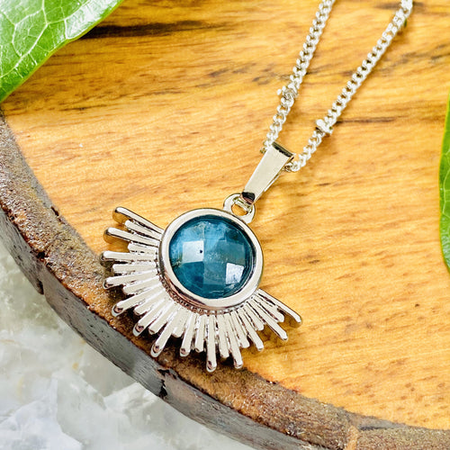 Blue Apatite Ray of Light Sunburst Manifestation Sun Pendant 18” White Gold Necklace