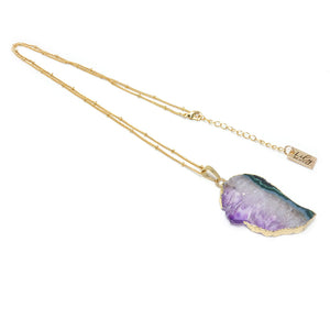 Ethereal Limited Amethyst Angel Wing Sliced Geode Pendant 18” Gold Necklace