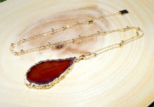 Load image into Gallery viewer, Uplifting Crazy Lace Agate Red XL Slice Pendant 30” Gold Necklace