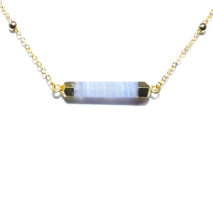 Minimalist Blue Lace Agate Rounded Bar Pendant Choker 14" + 2" Gold Necklace