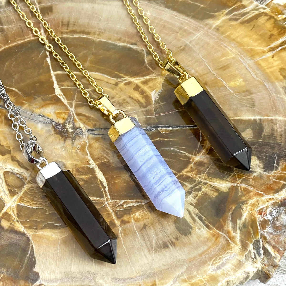 Blue Lace Agate Serenity Full Tower Point Pendant 18 Gold Necklace