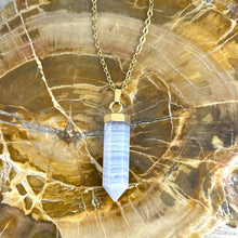 Load image into Gallery viewer, Blue Lace Agate Serenity Full Tower Point Pendant 18&quot; Gold Necklace
