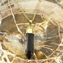 Load image into Gallery viewer, Morion Smoky Quartz Purification &amp; Invisibility Cloak  Full Tower Point Pendant 18&quot; Gold Necklace