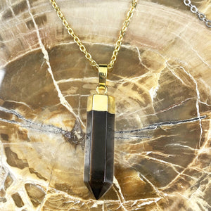 Morion Smoky Quartz Purification & Invisibility Cloak  Full Tower Point Pendant 18" Gold Necklace