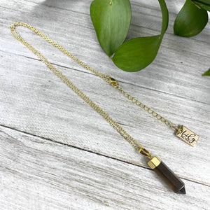 Morion Smoky Quartz Purification & Invisibility Cloak  Full Tower Point Pendant 18" Gold Necklace
