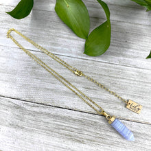 Load image into Gallery viewer, Blue Lace Agate Serenity Full Tower Point Pendant 18&quot; Gold Necklace