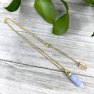 Blue Lace Agate Serenity Full Tower Point Pendant 18" Gold Necklace
