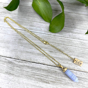 Blue Lace Agate Serenity Full Tower Point Pendant 18" Gold Necklace