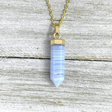 Load image into Gallery viewer, Blue Lace Agate Serenity Full Tower Point Pendant 18&quot; Gold Necklace