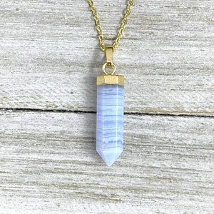 Blue Lace Agate Serenity Full Tower Point Pendant 18" Gold Necklace