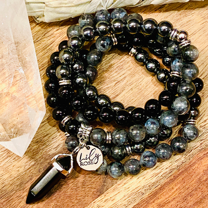 Limited Triple Power Grounding & Stress Reliever Black Onyx Hematite Labradorite 108 Mala Necklace Bracelet