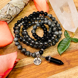 Limited Triple Power Grounding & Stress Reliever Black Onyx Hematite Labradorite 108 Mala Necklace Bracelet