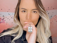 Load image into Gallery viewer, Elizabeth April EA Pleiadian 2 Sided Channeled &amp; Attuned Evil Eye Protection Cosmic Species Sacred Geometry Card Tag Pendant 18” White Gold Necklace