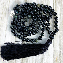 Load image into Gallery viewer, Limited Edition Rainbow Obsidian Discovery &amp; Healing 108 Hand Knotted Mala with Tassel Necklace