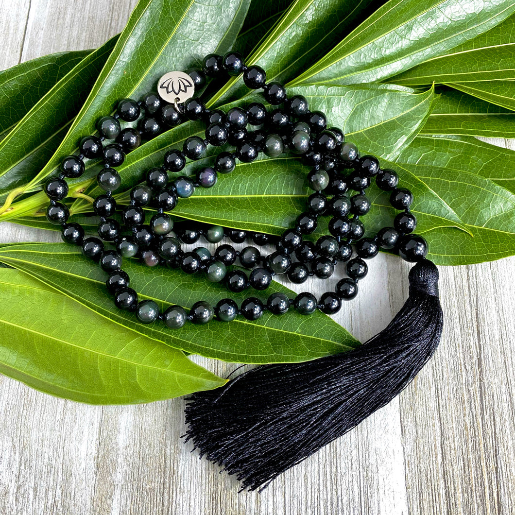 Limited Edition Rainbow Obsidian Discovery & Healing 108 Hand Knotted Mala with Tassel Necklace