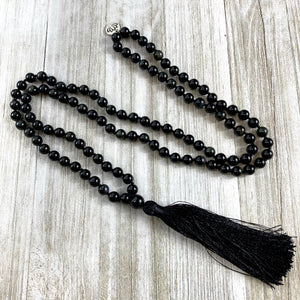 Limited Edition Rainbow Obsidian Discovery & Healing 108 Hand Knotted Mala with Tassel Necklace