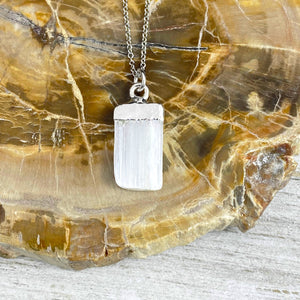 Selenite Minimalist Angelic Guidance Pendant 14” + 2" White Gold Necklace