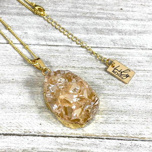 Sparkling Champagne Aura Quartz Druzy XL Gemstone Pendant 18" Gold Necklace