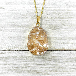 Sparkling Champagne Aura Quartz Druzy XL Gemstone Pendant 18" Gold Necklace