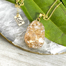 Load image into Gallery viewer, Sparkling Champagne Aura Quartz Druzy XL Gemstone Pendant 18&quot; Gold Necklace