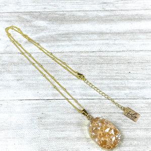Sparkling Champagne Aura Quartz Druzy XL Gemstone Pendant 18" Gold Necklace