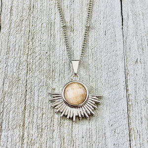NEW STONE! Sunstone Ray of Light Sunburst Confidence Sun Pendant 18” White Gold Necklace