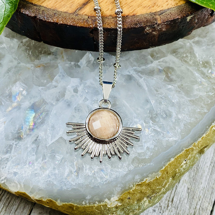 NEW STONE! Sunstone Ray of Light Sunburst Confidence Sun Pendant 18” White Gold Necklace