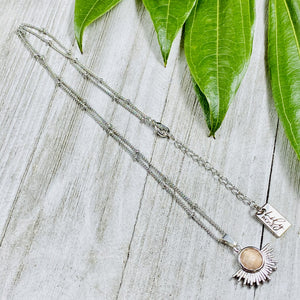NEW STONE! Sunstone Ray of Light Sunburst Confidence Sun Pendant 18” White Gold Necklace