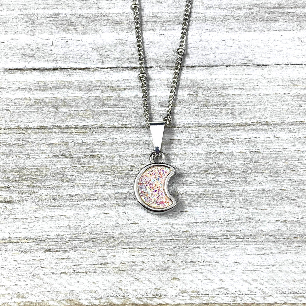 Sweet Mini Moon Aura Quartz Druzy Gemstone Minimalist Pendant 14” + 2” White Gold Necklace