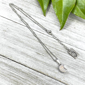 Sweet Mini Moon Aura Quartz Druzy Gemstone Minimalist Pendant 14” + 2” White Gold Necklace