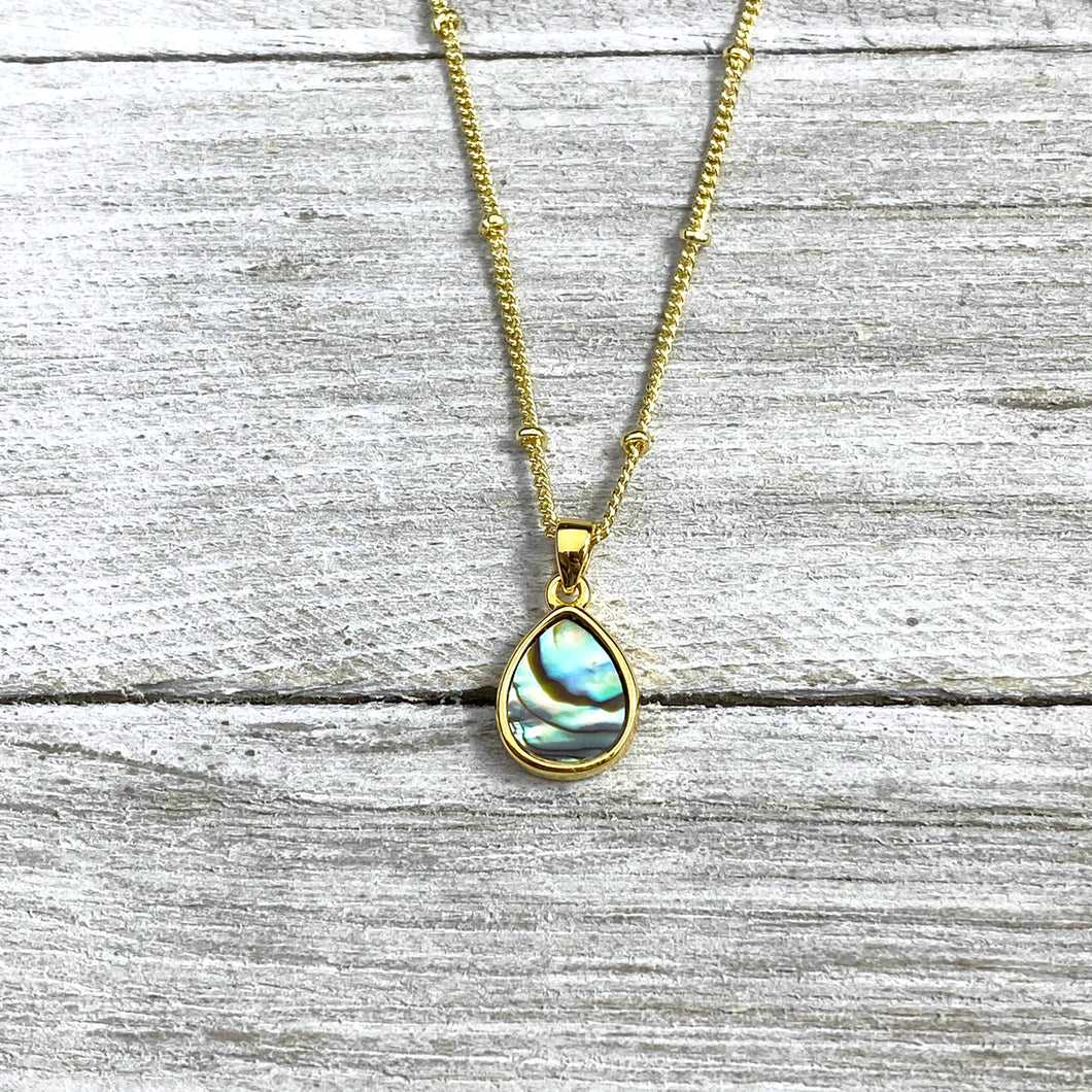 Abalone Minimalist Teardrop Soothing Pendant 18” Gold Necklace