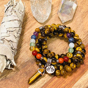 Limited Edition Chakra Rainbow 🌈 Balancing Tigers Eye Willpower 108 Mala Necklace Bracelet