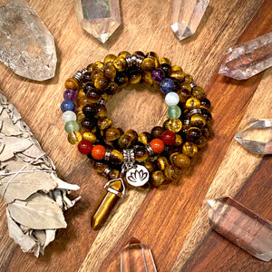 Limited Edition Chakra Rainbow 🌈 Balancing Tigers Eye Willpower 108 Mala Necklace Bracelet