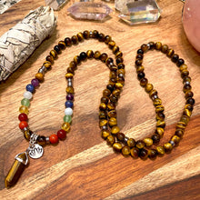 Load image into Gallery viewer, Limited Edition Chakra Rainbow 🌈 Balancing Tigers Eye Willpower 108 Mala Necklace Bracelet