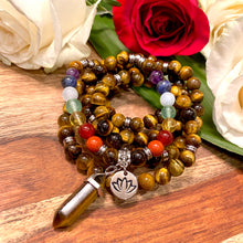 Load image into Gallery viewer, Limited Edition Chakra Rainbow 🌈 Balancing Tigers Eye Willpower 108 Mala Necklace Bracelet