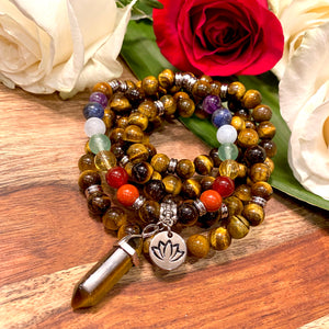 Limited Edition Chakra Rainbow 🌈 Balancing Tigers Eye Willpower 108 Mala Necklace Bracelet