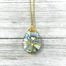 Load image into Gallery viewer, Tree of Life Teardrop Abalone Shell Wire Wrapped Pendant 18” Gold Necklace