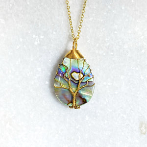 Tree of Life Teardrop Abalone Shell Wire Wrapped Pendant 18” Gold Necklace