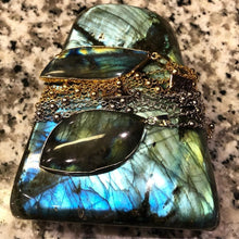 Load image into Gallery viewer, Dancing Wave Free-form Labradorite Pendant 30” 24k Gold Dip Edges Necklace